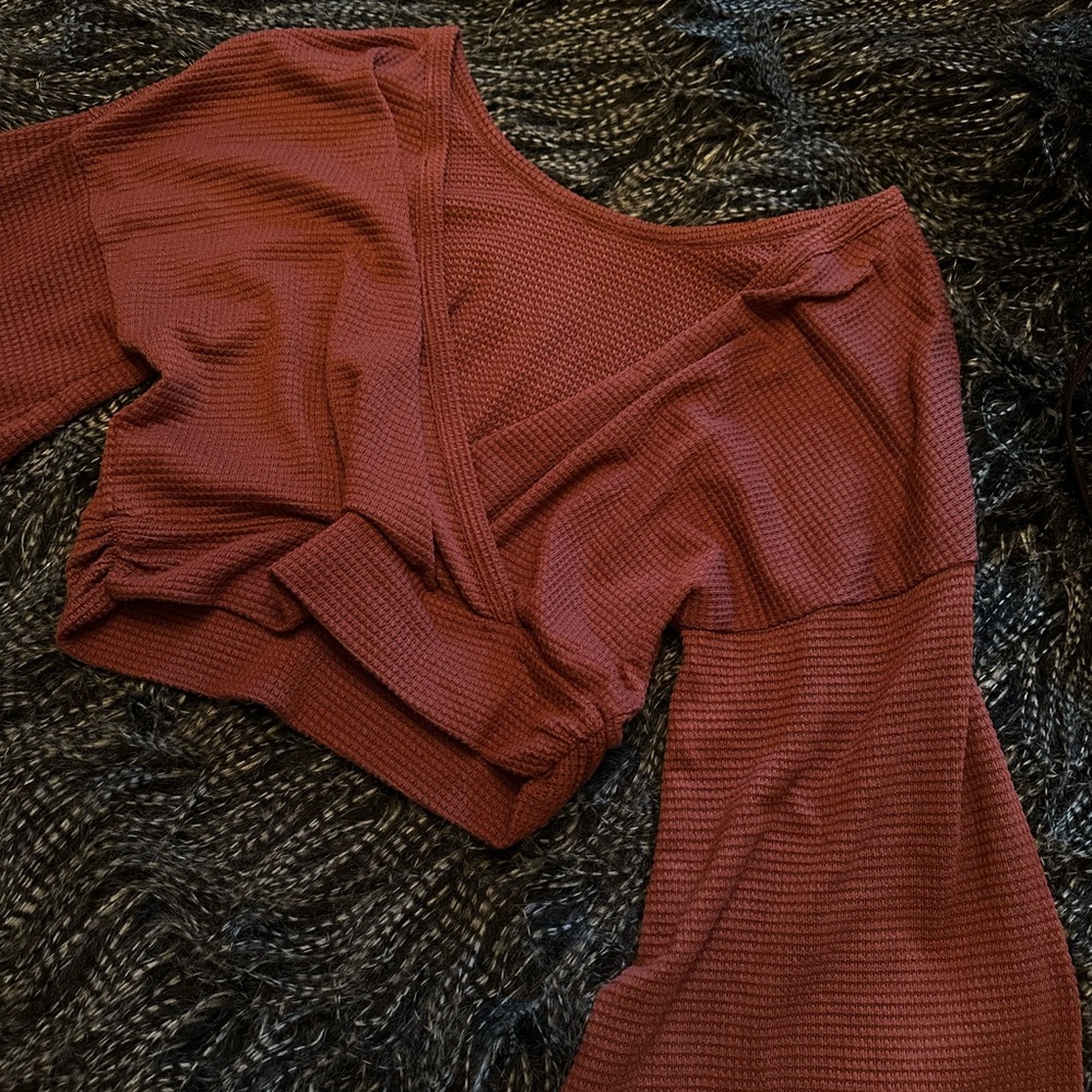 Lulu’s Turn the Page Rust Waffle Knit Reversible Long Sleeve Top